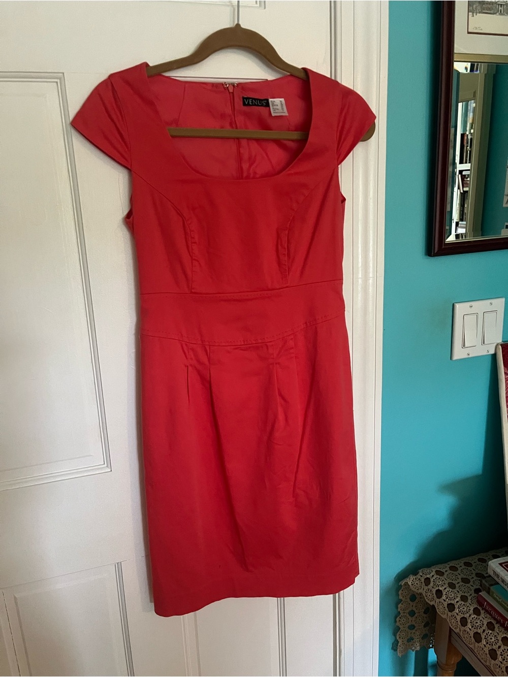 Venus Red Cap-Sleeve Sheath Dress